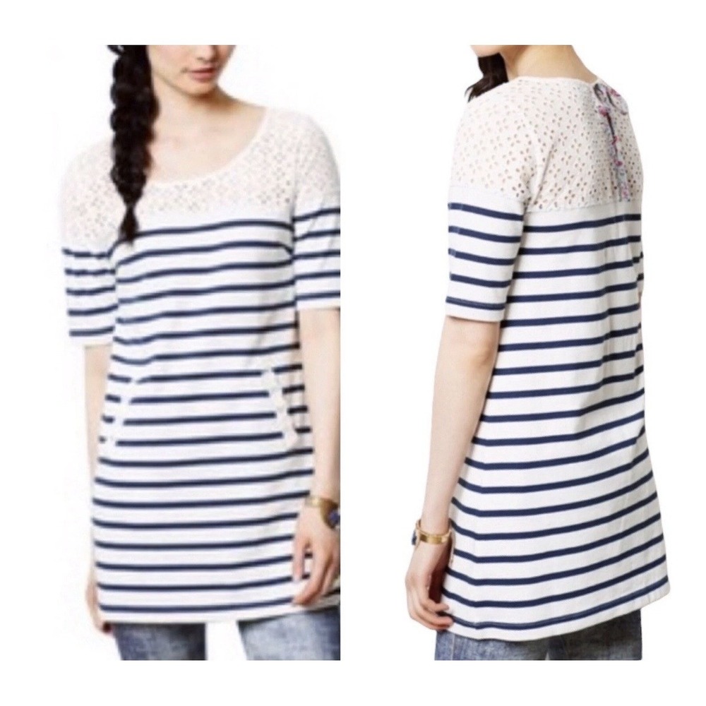 Anthropologie Postmark Jola Tunic Top Size Large‎ Navy Stripe Eyelet Lace